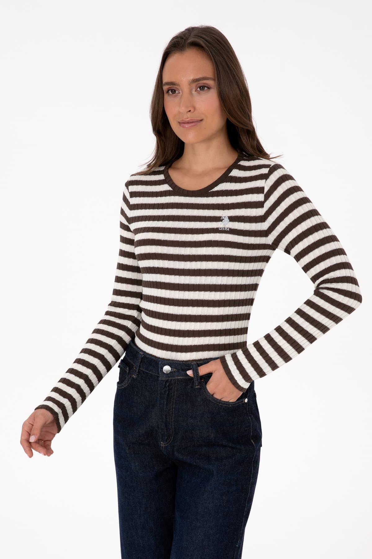سوئیشرت زنانه U.S. Polo Assn. قهوهای راهراه یقه گرد مدل 50313888-VR029 سوئیشرت زنانه U.S. Polo Assn. قهوهای راهراه یقه گرد مدل 50313888-VR029
