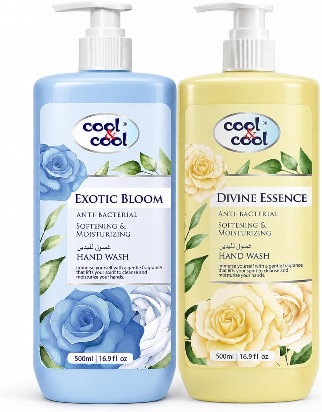 مایع دستشویی دوقلو Cool & Cool با رایحه Divine Essence و Exotic Bloom، آنتیباکتریال و نرمکننده پوست 500Ml x 2، 1Liter مایع دستشویی دوقلو Cool & Cool با رایحه Divine Essence و Exotic Bloom، آنتیباکتریال و نرمکننده پوست 500Ml x 2، 1Liter