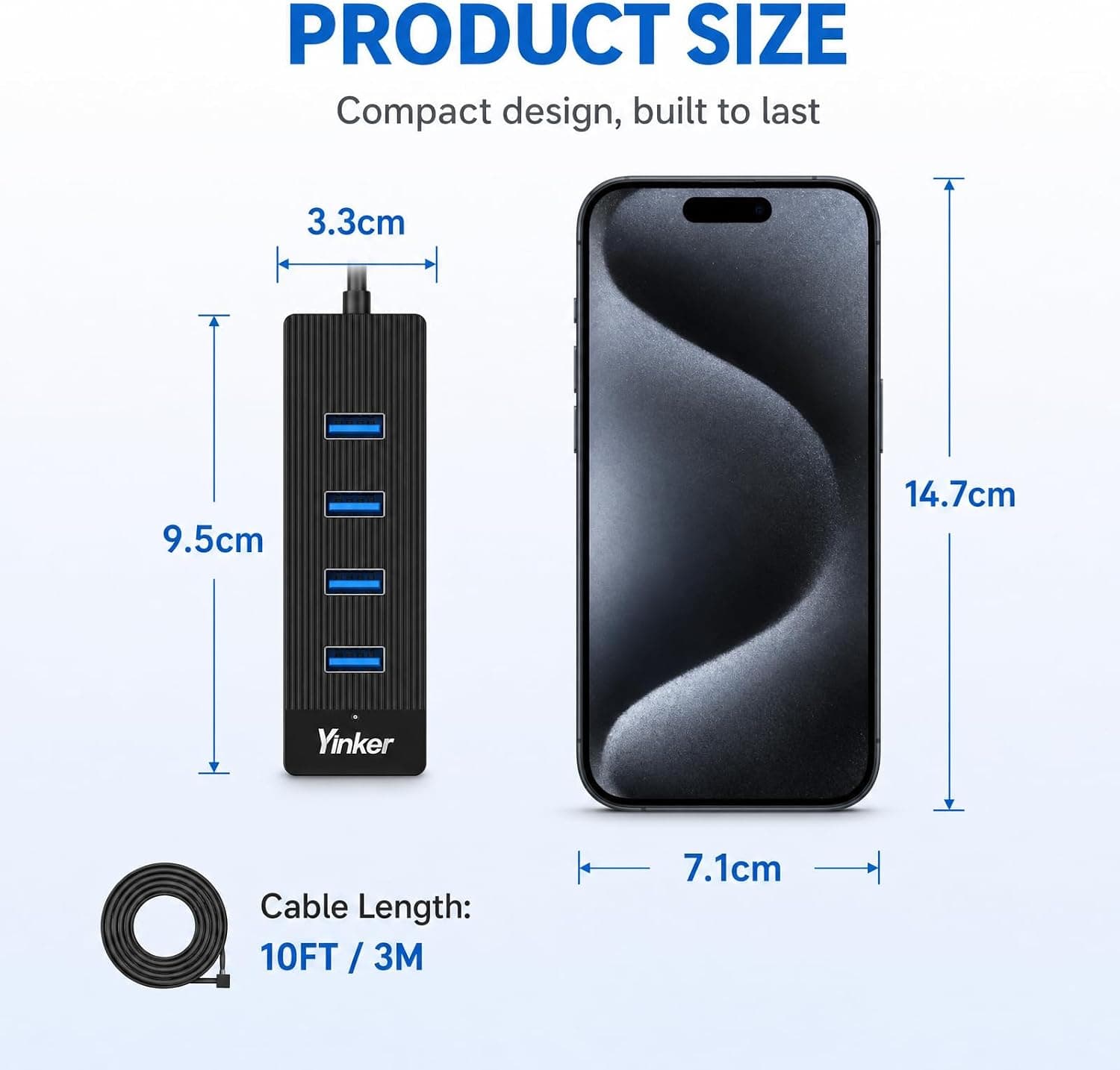 هاب USB 3.0 چهار پورت Yinker با کابل 10FT و پاور USB-C هاب USB 3.0 چهار پورت Yinker با کابل 10FT و پاور USB-C