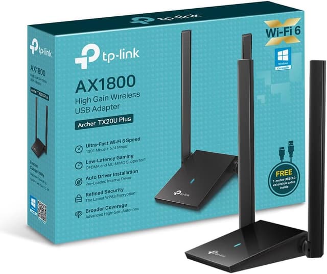 آداپتور USB بیسیم TP-Link دوآنتنه با بهره بالا، AX1800 Mbps، کابل 1 متری USB 3.0، Beamforming، MU-MIMO، WPA3 مدل Archer TX20U Plus آداپتور USB بیسیم TP-Link دوآنتنه با بهره بالا، AX1800 Mbps، کابل 1 متری USB 3.0، Beamforming، MU-MIMO، WPA3 مدل Archer TX20U Plus