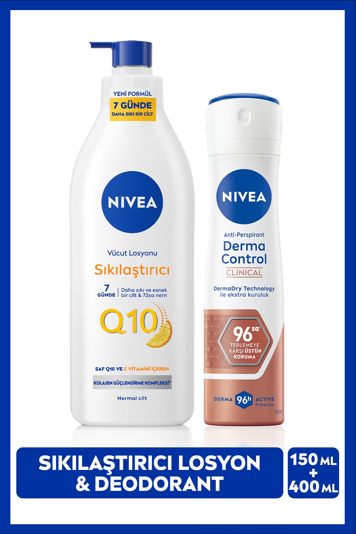 لوسیون بدن سفتکننده و اسپری دئودورانت زنانه NIVEA Q10 200ml و Derma Control Clinical 150ml لوسیون بدن سفتکننده و اسپری دئودورانت زنانه NIVEA Q10 200ml و Derma Control Clinical 150ml