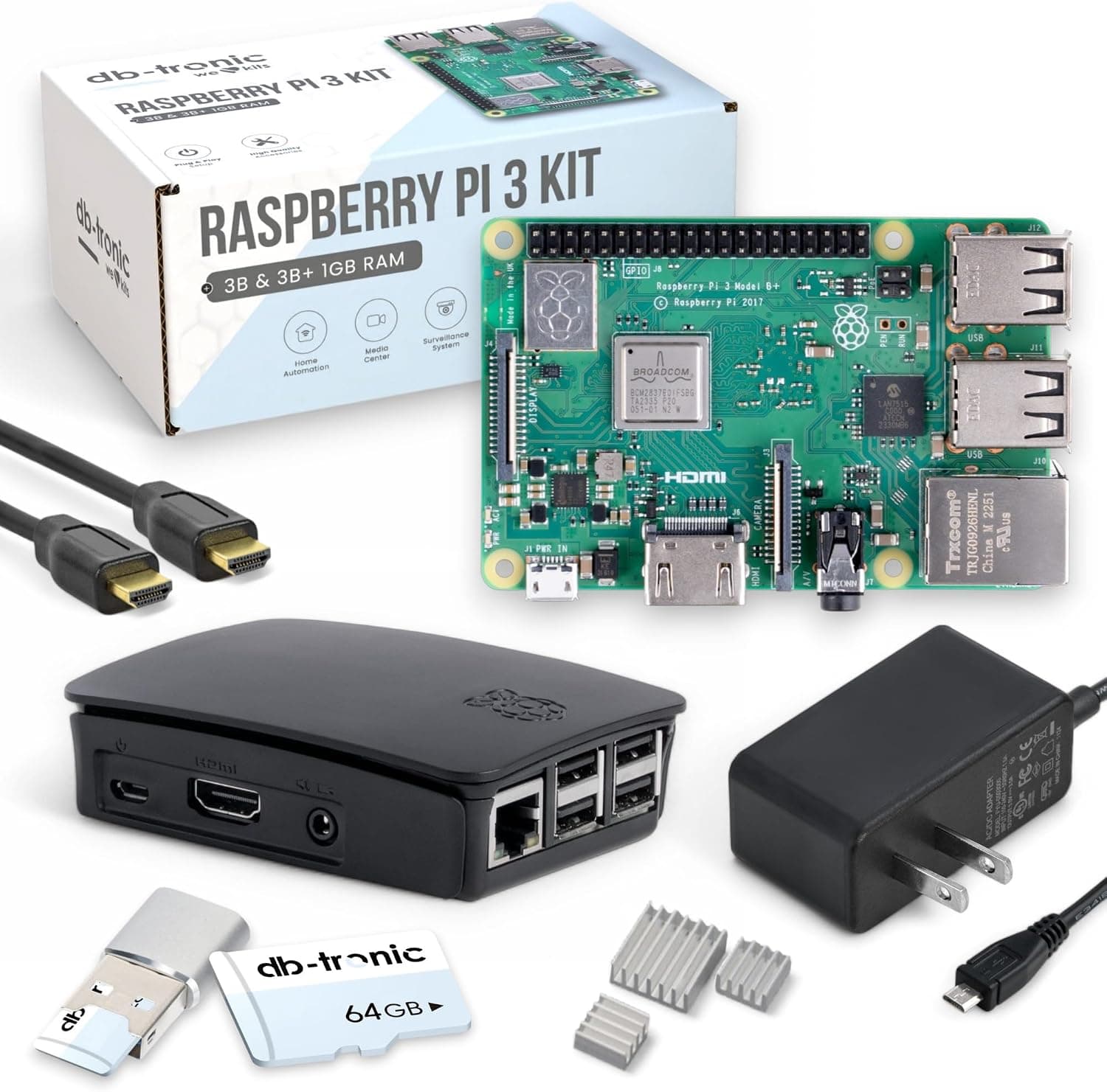 کیت استارتر Raspberry Pi 3 B+ 1GB db-tronic با 64GB، منبع تغذیه، کیس کیت استارتر Raspberry Pi 3 B+ 1GB db-tronic با 64GB، منبع تغذیه، کیس
