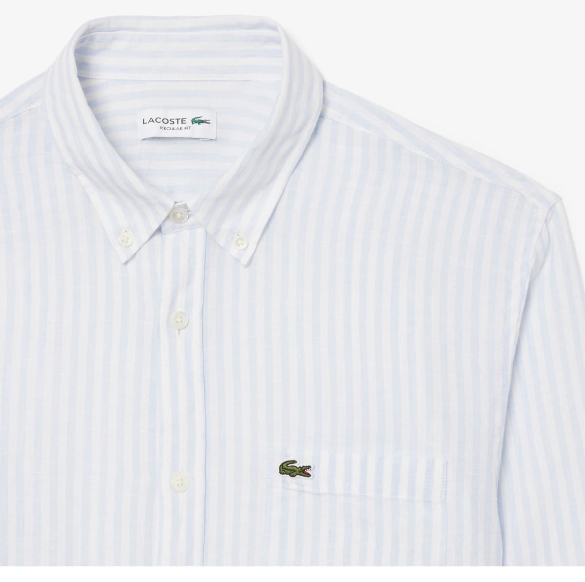 پیراهن مردانه Lacoste کتان آبی راهراه با یقه دکمهدار و فیت معمولی پیراهن مردانه Lacoste کتان آبی راهراه با یقه دکمهدار و فیت معمولی
