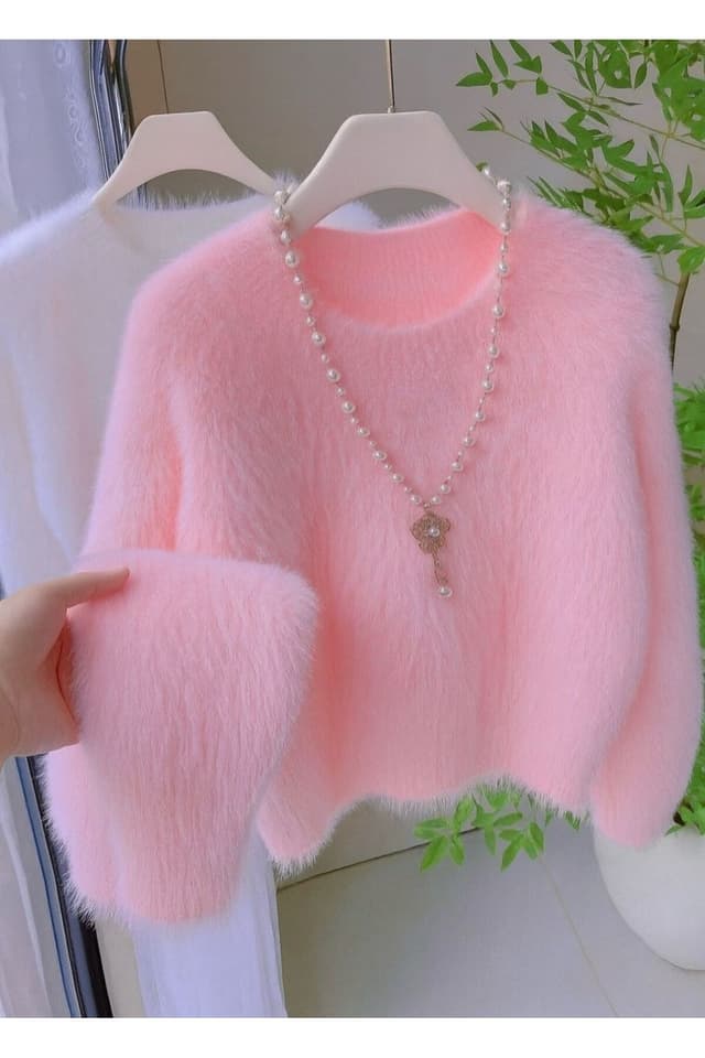 پلیور بافت زنانه NATUFIAN STORE صورتی پلوشی یقه گرد پرزدار نرم پلیور بافت زنانه NATUFIAN STORE صورتی پلوشی یقه گرد پرزدار نرم