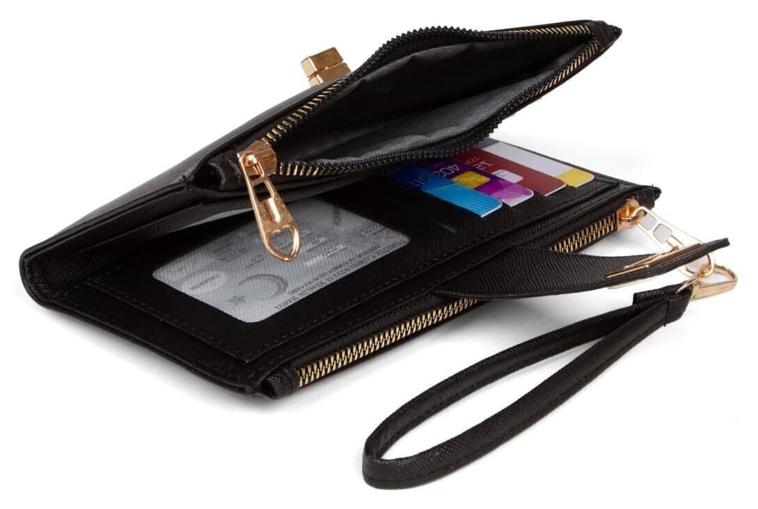 کیف پول پورتفویی زنانه Adelina Bags مشکی Venesia کاغذی با محفظه کارت و سکه، قفلدار و بند مچی کیف پول پورتفویی زنانه Adelina Bags مشکی Venesia کاغذی با محفظه کارت و سکه، قفلدار و بند مچی