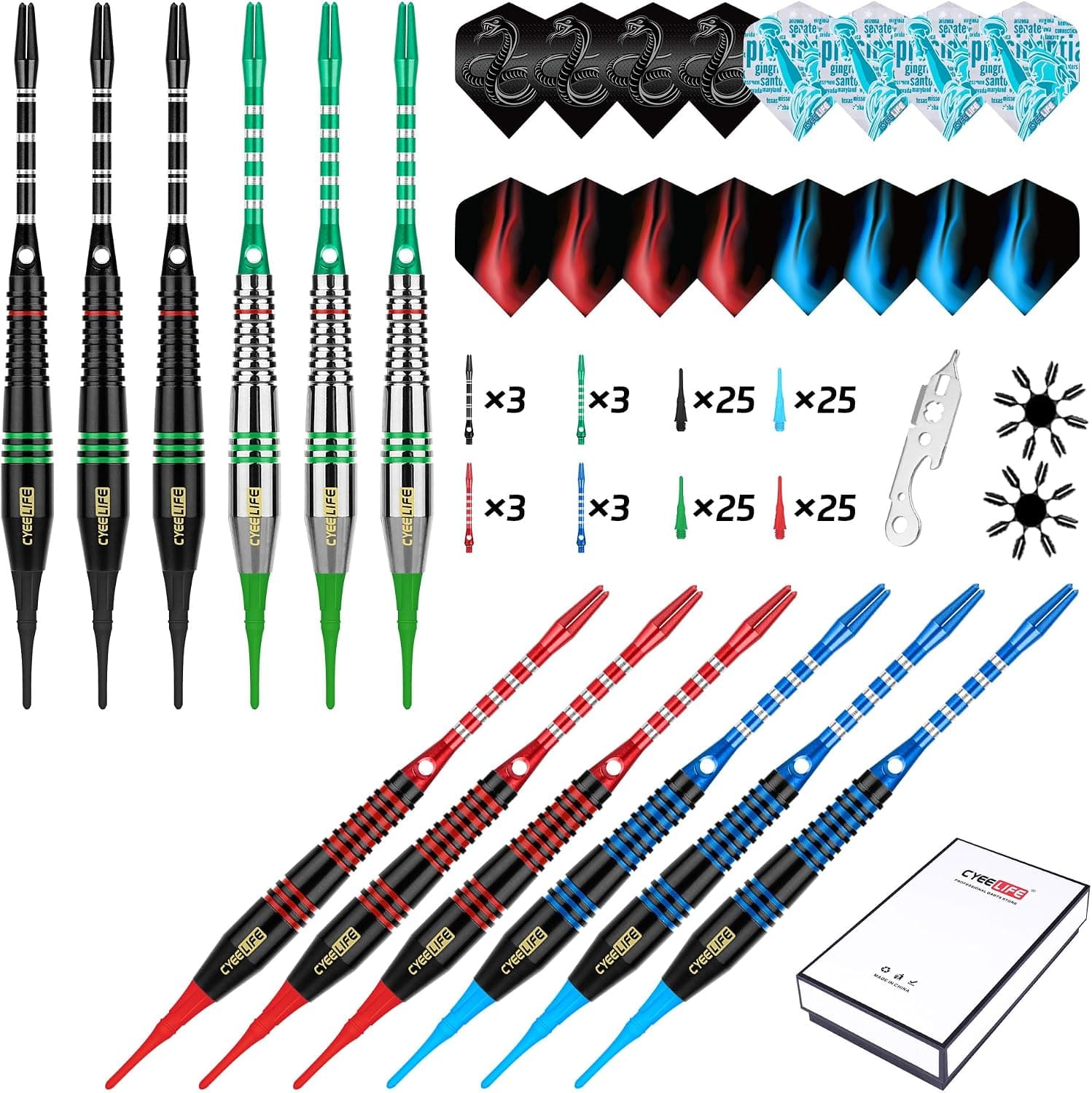 ست دارت نوکپلاستیکی CyeeLife، 12 Pcs با وزن 18 Gram، شفت آلومینیومی 4 رنگ، 100 نوک یدکی، 16pcs فلایت و 2pcs محافظ فلایت ست دارت نوکپلاستیکی CyeeLife، 12 Pcs با وزن 18 Gram، شفت آلومینیومی 4 رنگ، 100 نوک یدکی، 16pcs فلایت و 2pcs محافظ فلایت