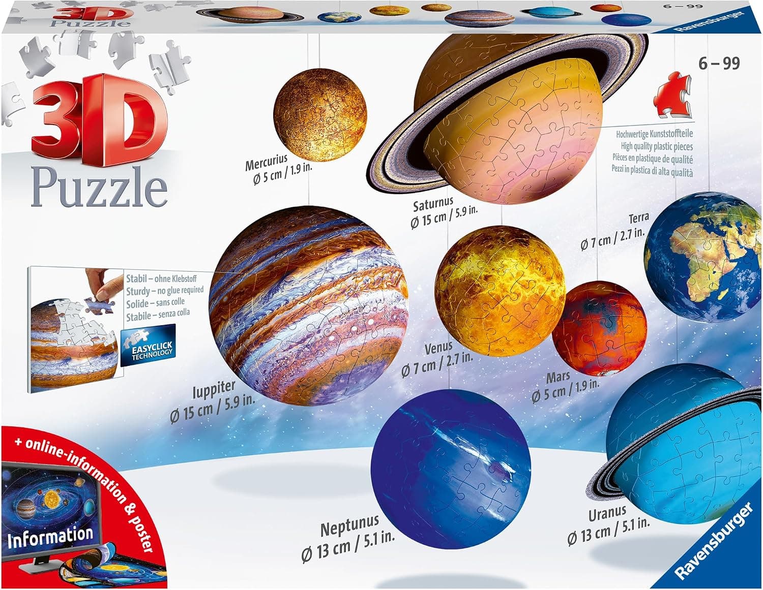 پازل سهبعدی منظومه شمسی کودکان Ravensburger با 540 قطعه، 8 سیاره مقیاسدار، پایه، آویز خورشید و پوستر مدل 11668‑3 پازل سهبعدی منظومه شمسی کودکان Ravensburger با 540 قطعه، 8 سیاره مقیاسدار، پایه، آویز خورشید و پوستر مدل 11668‑3