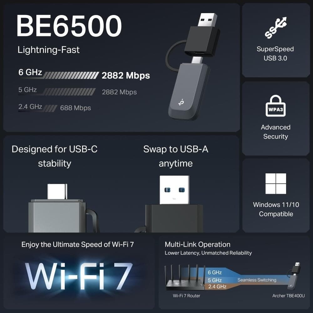 آداپتور وایفای TP-Link با USB 3.0 سهباند Wi-Fi 7 مدل Archer TBE400U آداپتور وایفای TP-Link با USB 3.0 سهباند Wi-Fi 7 مدل Archer TBE400U