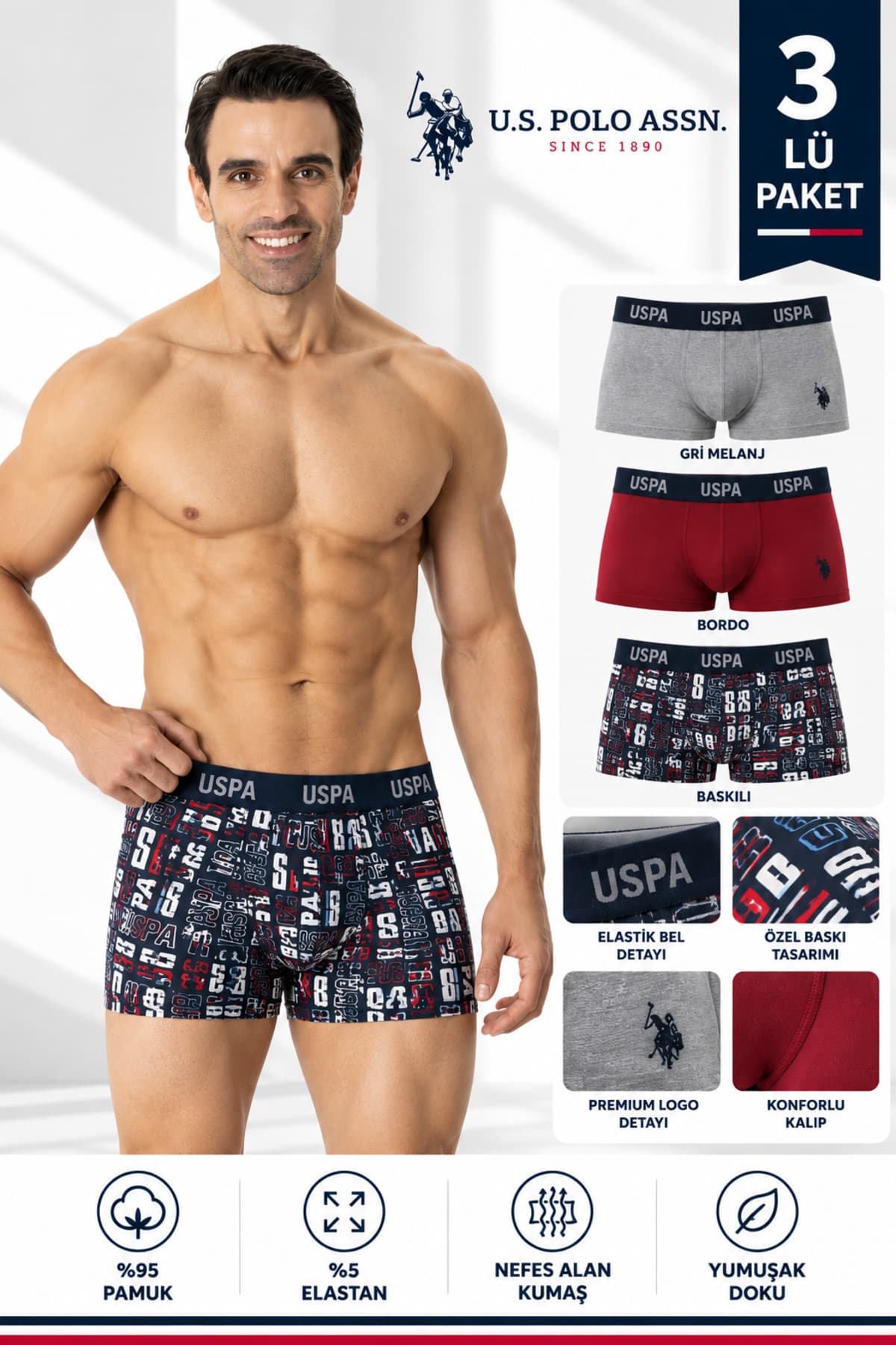 باکسر بریف مردانه U.S. Polo Assn. کمرکش طرحدار سرمهای آبی زرشکی بسته ۳ تایی باکسر بریف مردانه U.S. Polo Assn. کمرکش طرحدار سرمهای آبی زرشکی بسته ۳ تایی