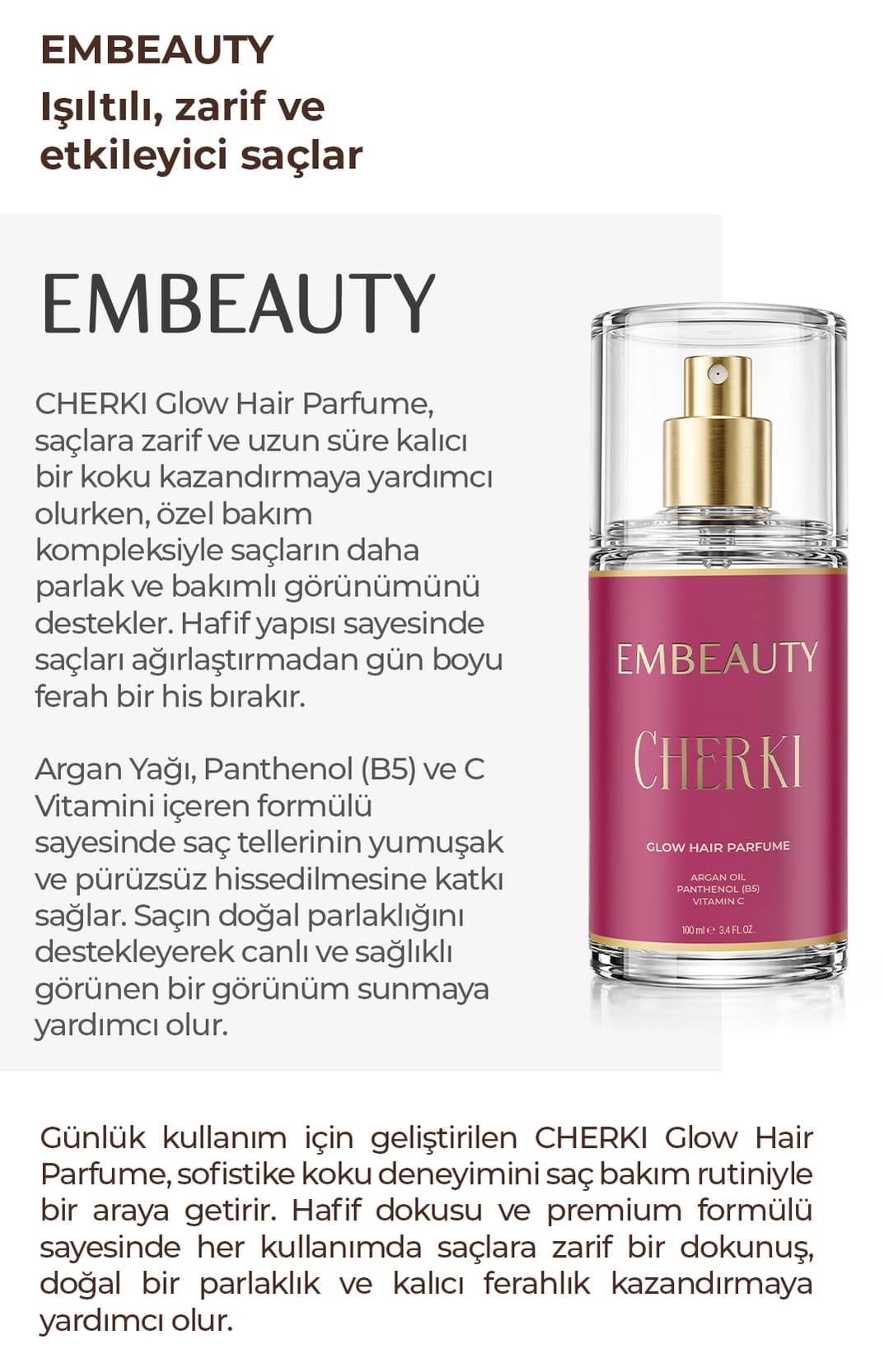 عطر مو Embeauty مغذی حاوی روغن آرگان Cherki Glow 100 ml عطر مو Embeauty مغذی حاوی روغن آرگان Cherki Glow 100 ml