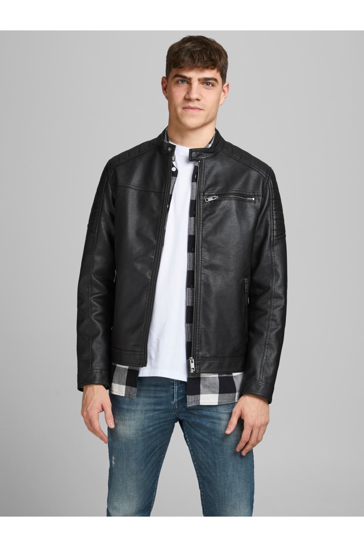 کت بایکر مردانه Jack & Jones ضدآب از چرم PU مشکی کت بایکر مردانه Jack & Jones ضدآب از چرم PU مشکی