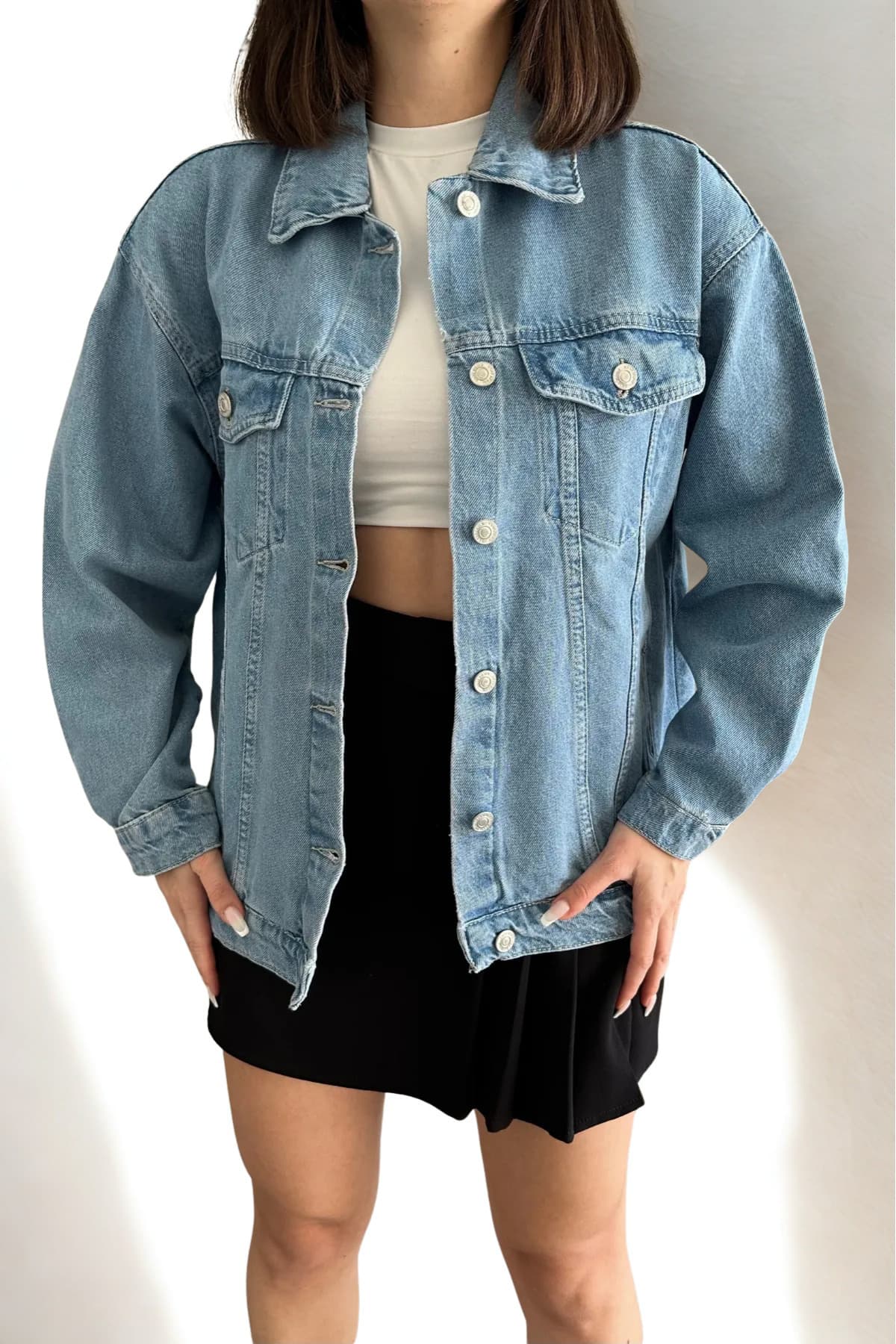 کت جین زنانه XRAY JEANS بلند دکمهدار اورسایز آبی یخی کت جین زنانه XRAY JEANS بلند دکمهدار اورسایز آبی یخی