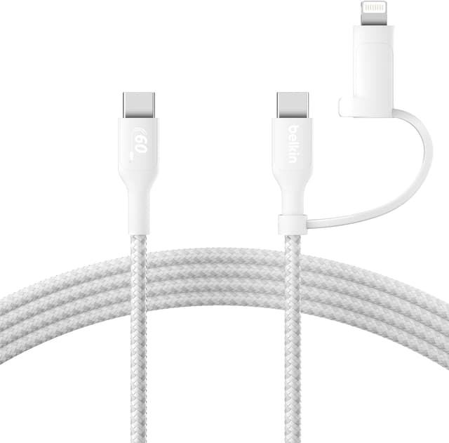 کابل شارژ ۲ در ۱ Belkin با USB-C و Lightning بافتهشده سفید کابل شارژ ۲ در ۱ Belkin با USB-C و Lightning بافتهشده سفید