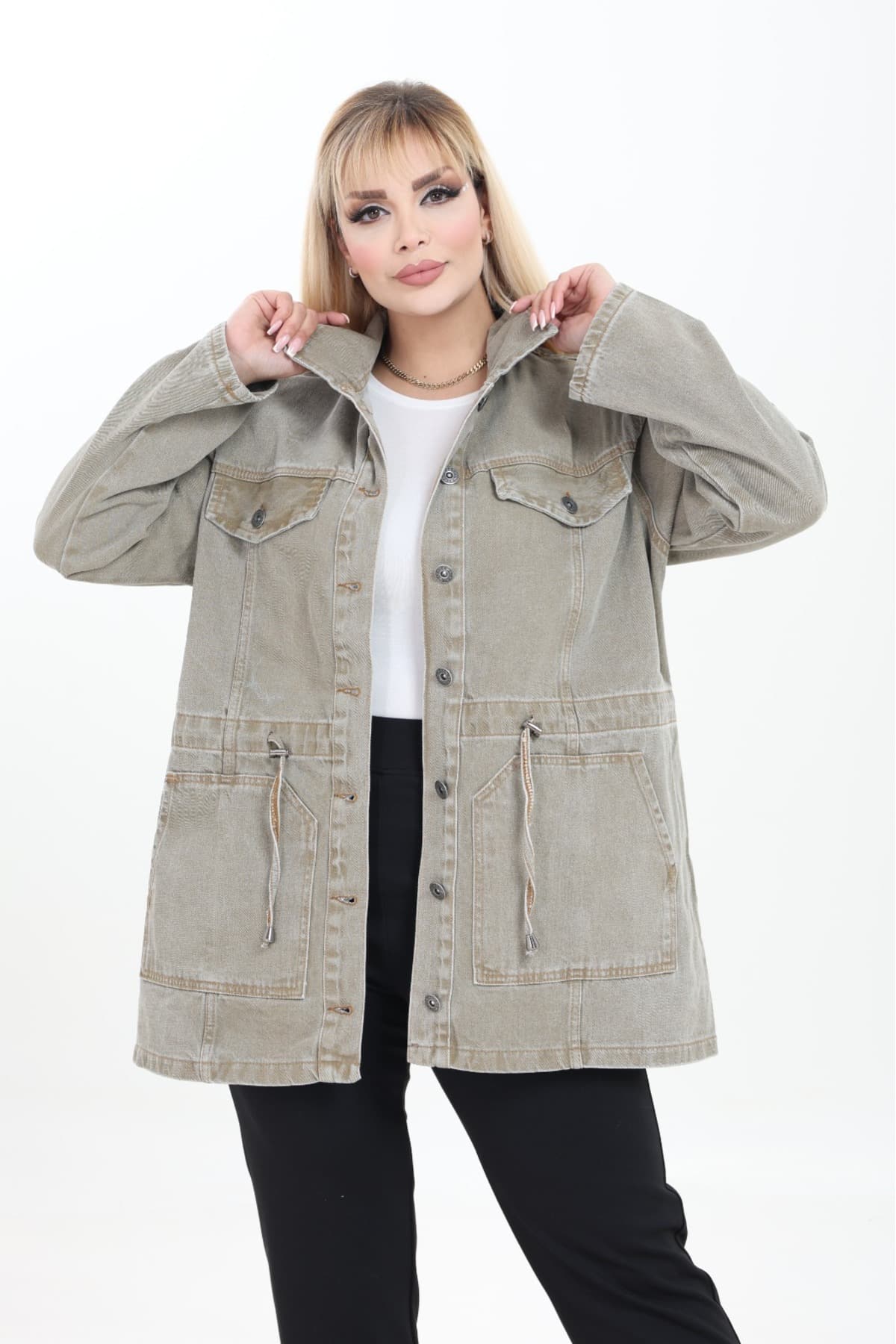 ژاکت جین زنانه EYLÜLXXL سایز بزرگ فیت راحت ژاکت جین زنانه EYLÜLXXL سایز بزرگ فیت راحت