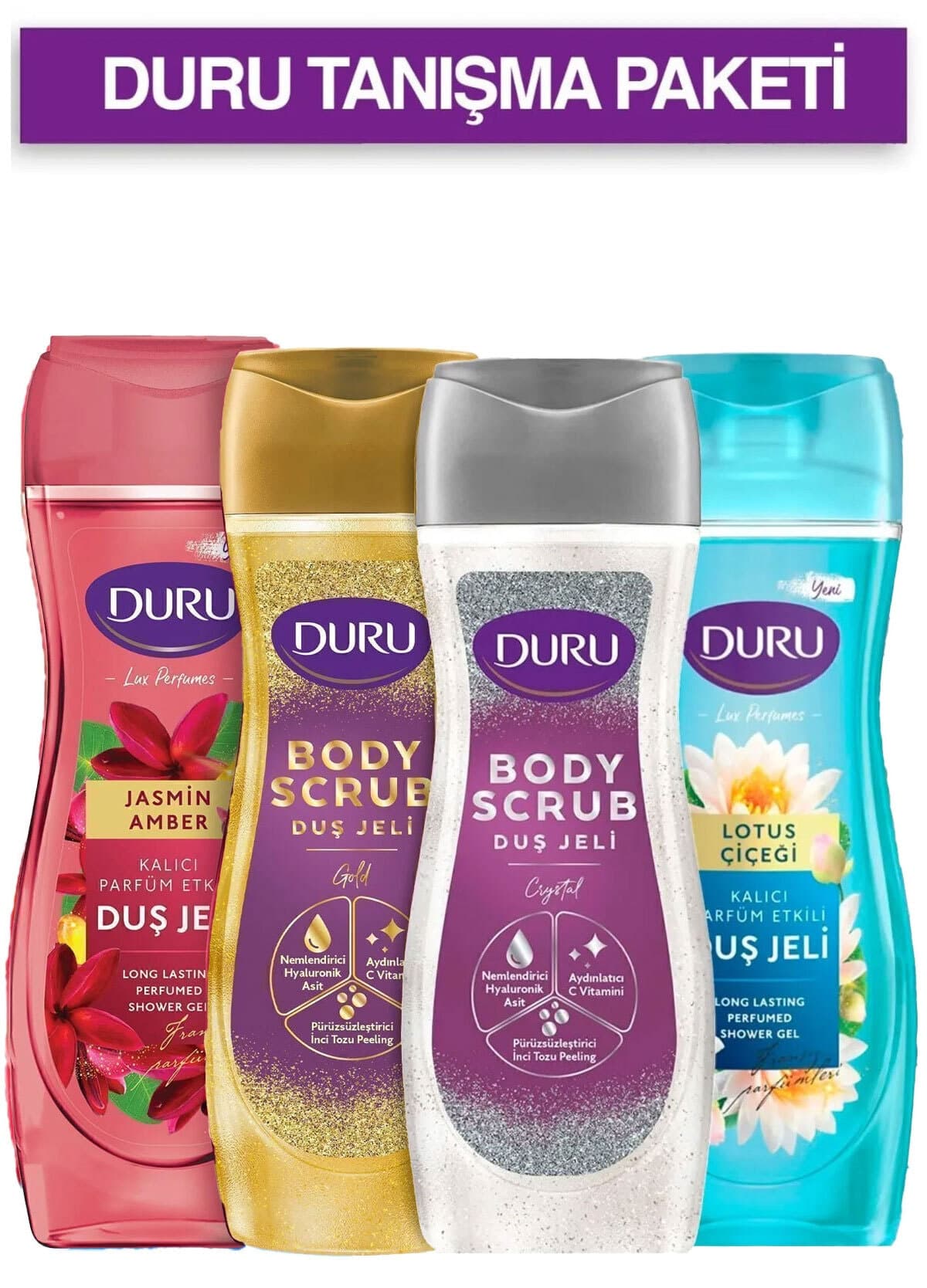 ژل دوش Duru بسته آشنایی 4x450 Ml (Scrub Crystal، Scrub Gold، Jasmin Amber، گل لوتوس) ژل دوش Duru بسته آشنایی 4x450 Ml (Scrub Crystal، Scrub Gold، Jasmin Amber، گل لوتوس)