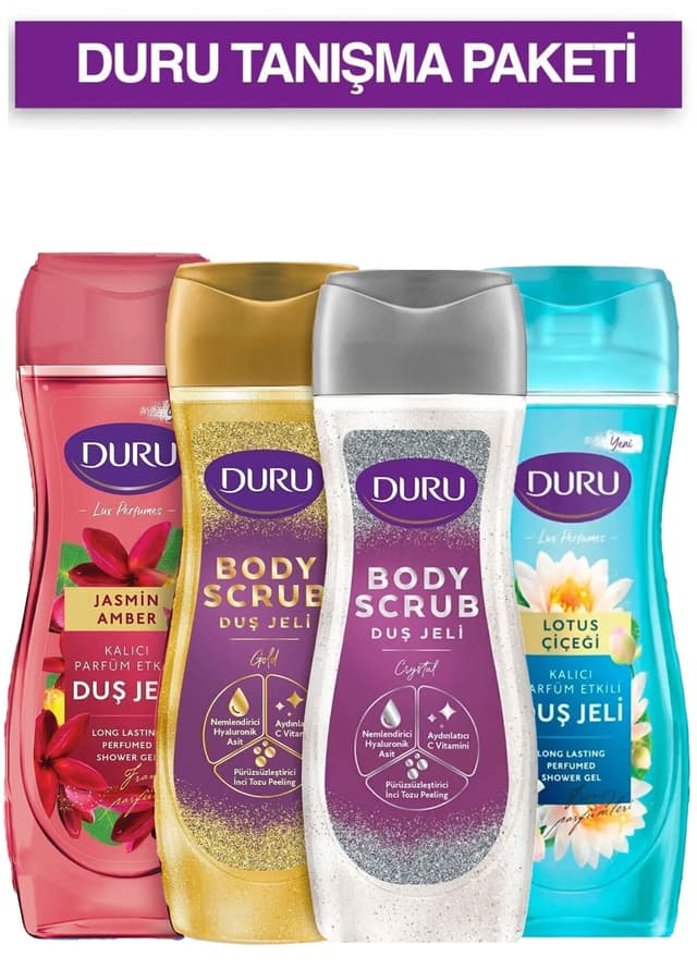 ژل دوش Duru بسته آشنایی 4x450 Ml (Scrub Crystal، Scrub Gold، Jasmin Amber، گل لوتوس) ژل دوش Duru بسته آشنایی 4x450 Ml (Scrub Crystal، Scrub Gold، Jasmin Amber، گل لوتوس)