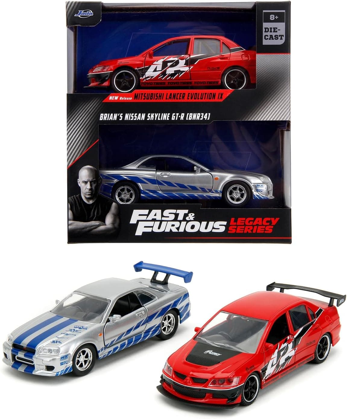 ست 2تایی ماشین مدل Jada Fast and Furious، Mitsubishi Lancer Evolution IX و Brian's Nissan Skyline GT-R (R34)، سری Legacy Series، درِ بازشو، مقیاس 1:32، 13 cm ست 2تایی ماشین مدل Jada Fast and Furious، Mitsubishi Lancer Evolution IX و Brian's Nissan Skyline GT-R (R34)، سری Legacy Series، درِ بازشو، مقیاس 1:32، 13 cm