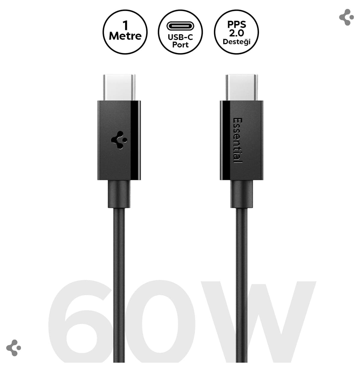 کابل USB-C به USB-C Spigen 1 متری 60W شارژ فوق سریع PPS 2.0 مشکی مدل ACA08718 کابل USB-C به USB-C Spigen 1 متری 60W شارژ فوق سریع PPS 2.0 مشکی مدل ACA08718
