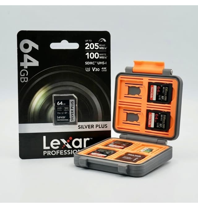 کارت حافظه Lexar Professional Silver Plus 64GB SDXC با سرعت 205MB/s، V30 و 4K بههمراه کیف حمل اختصاصی کارت حافظه Lexar Professional Silver Plus 64GB SDXC با سرعت 205MB/s، V30 و 4K بههمراه کیف حمل اختصاصی
