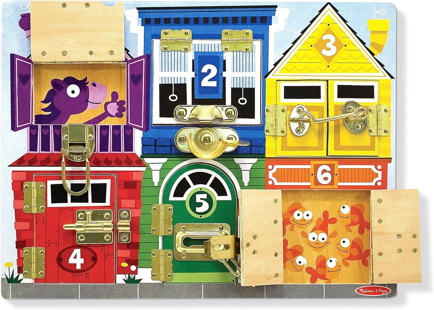 تخته فعالیت چوبی Melissa & Doug با 6 چفت، قفل و در مدل MD3785 تخته فعالیت چوبی Melissa & Doug با 6 چفت، قفل و در مدل MD3785