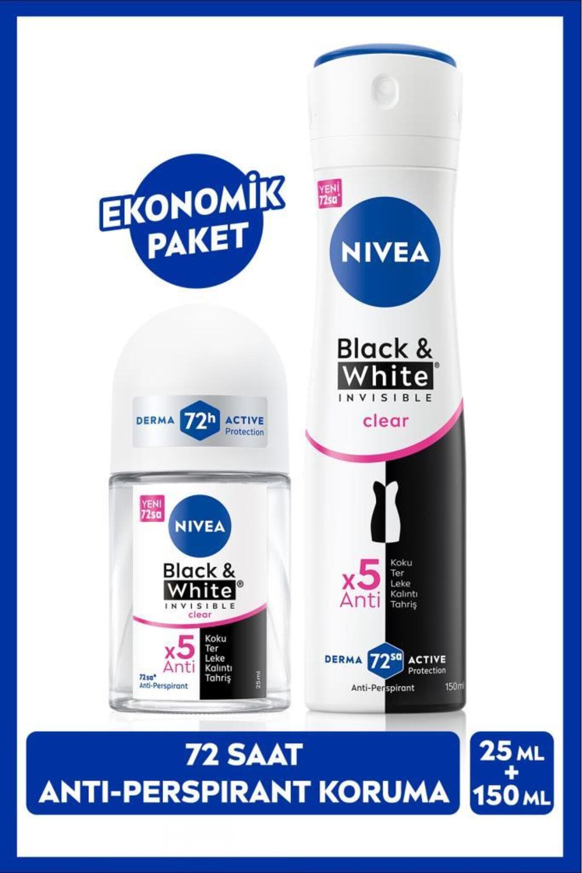 دئودورانت اسپری و رولآن مینی زنانه NIVEA Black&white Clear 150ml دئودورانت اسپری و رولآن مینی زنانه NIVEA Black&white Clear 150ml