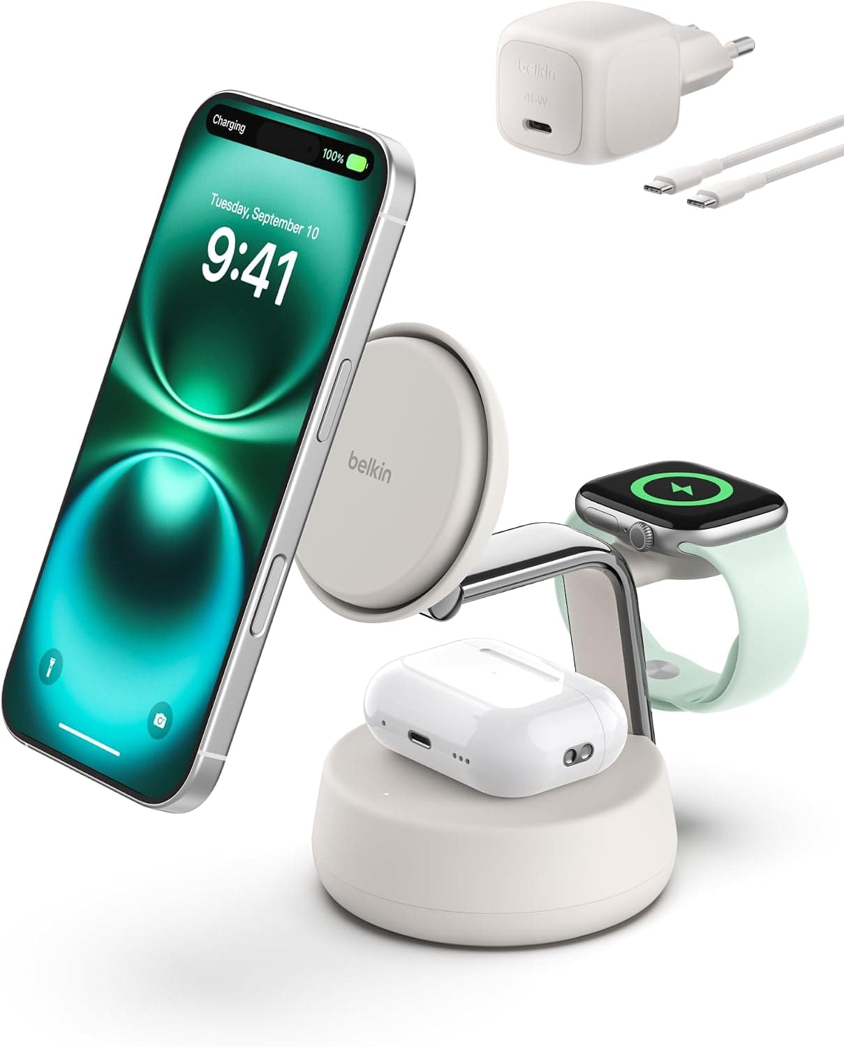 پایه شارژ بیسیم 3 در 1 Belkin سازگار با MagSafe و Qi2، 25W، مدل UltraCharge Pro، رنگ شنی پایه شارژ بیسیم 3 در 1 Belkin سازگار با MagSafe و Qi2، 25W، مدل UltraCharge Pro، رنگ شنی