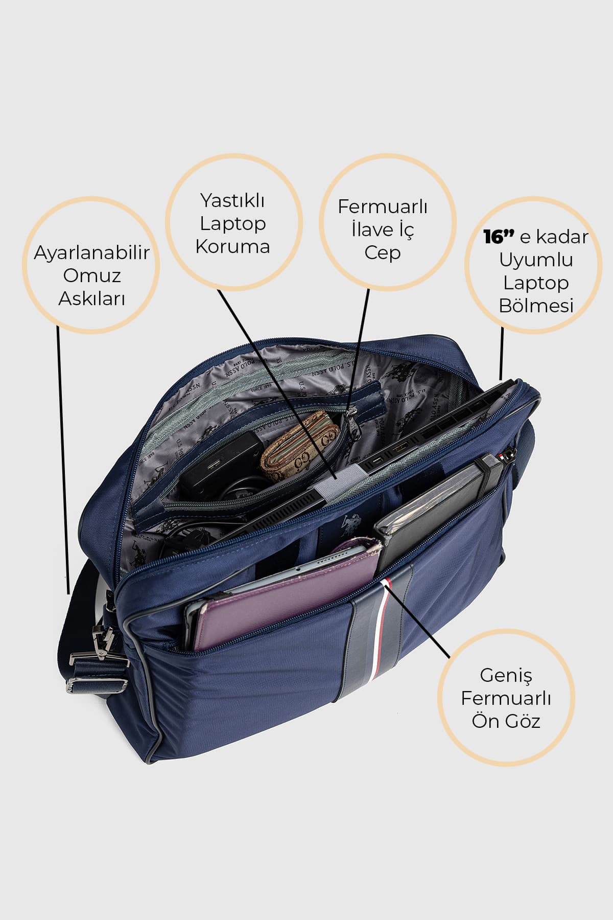 کیف لپتاپ زنانه U.S. Polo Assn. بندشانهای سرمهای مدل 26055-26058 کیف لپتاپ زنانه U.S. Polo Assn. بندشانهای سرمهای مدل 26055-26058
