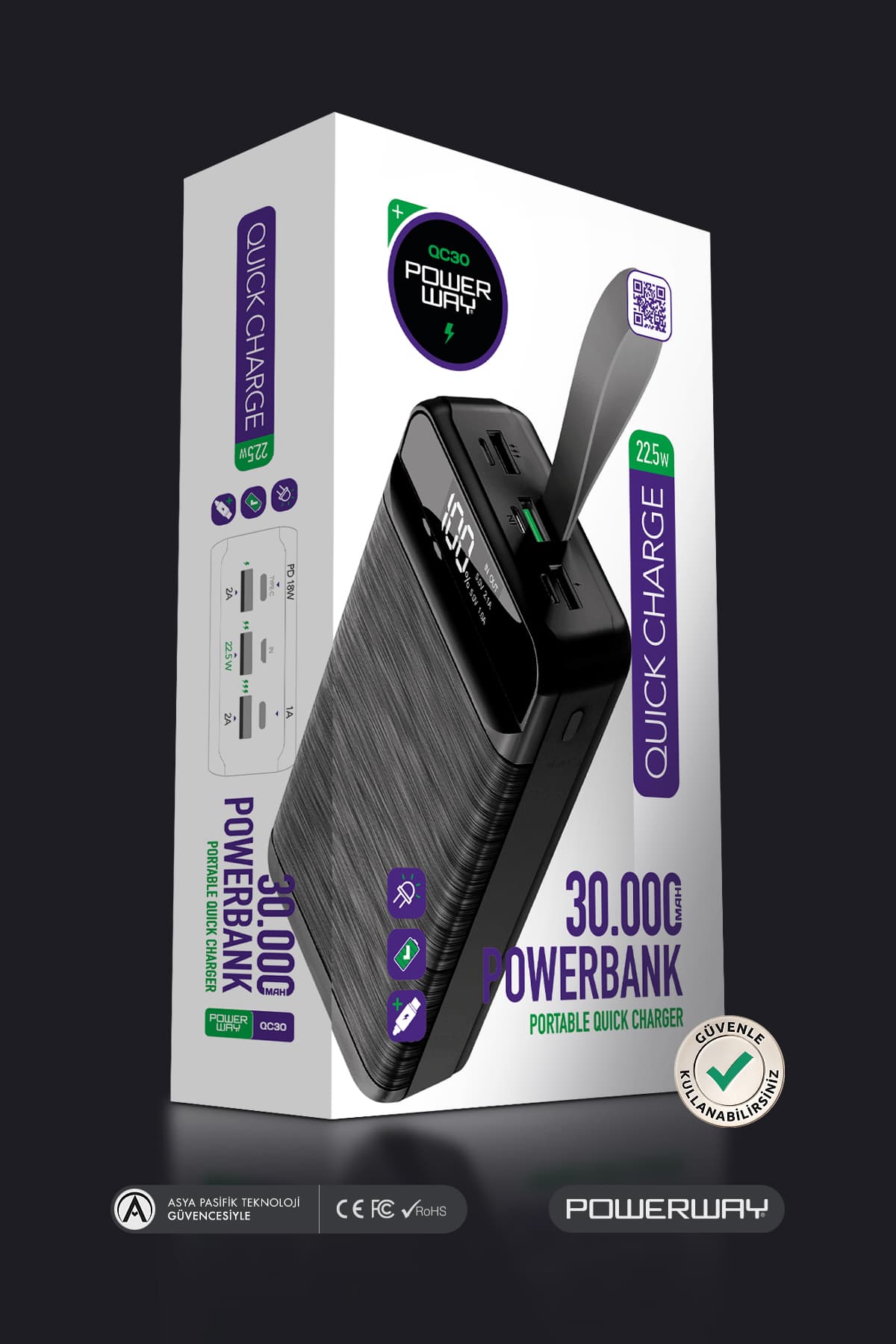 پاوربانک Powerway مشکی 30.000 mAh با شارژ سریع PD 22.5 W، چراغقوه LED و نمایشگر دیجیتال مدل QC30 پاوربانک Powerway مشکی 30.000 mAh با شارژ سریع PD 22.5 W، چراغقوه LED و نمایشگر دیجیتال مدل QC30