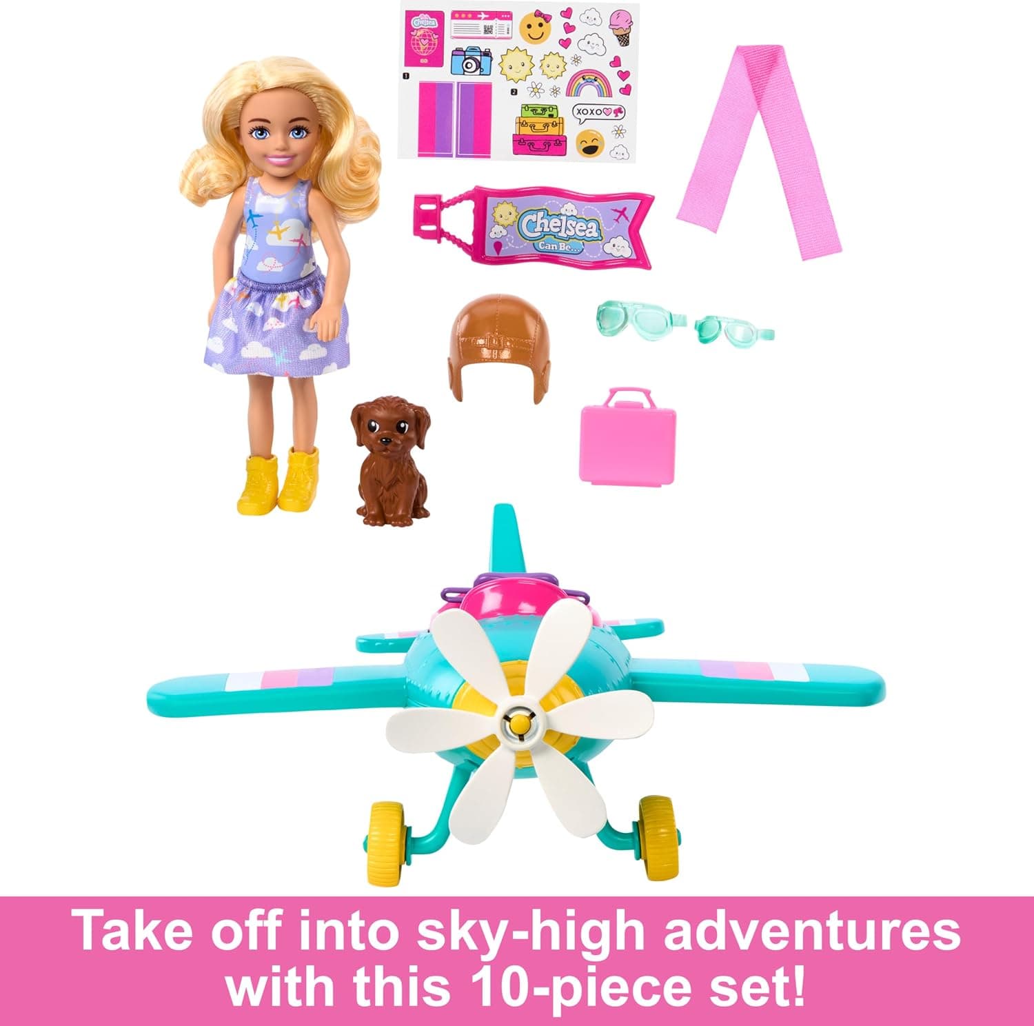 ست عروسک و هواپیمای بازی Barbie Chelsea مدل Can Be… Plane با هواپیمای دو نفره، ملخ چرخان و ۷ لوازم جانبی ست عروسک و هواپیمای بازی Barbie Chelsea مدل Can Be… Plane با هواپیمای دو نفره، ملخ چرخان و ۷ لوازم جانبی