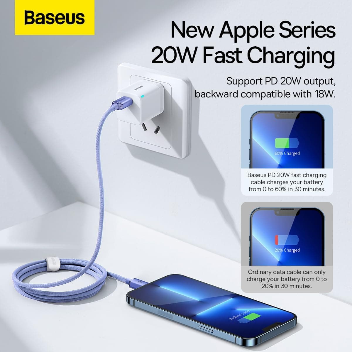 کابل Baseus Crystal Shine 20W Type-C to Lightning، 1.2m، بنفش کابل Baseus Crystal Shine 20W Type-C to Lightning، 1.2m، بنفش