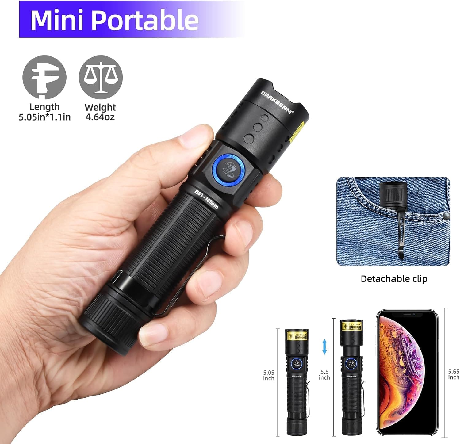 چراغ قوه فرابنفش DARKBEAM LED با نور سیاه 365nm قابل شارژ USB-C فوکوسپذیر و مقاوم در برابر آب چراغ قوه فرابنفش DARKBEAM LED با نور سیاه 365nm قابل شارژ USB-C فوکوسپذیر و مقاوم در برابر آب