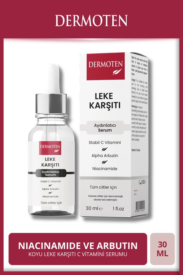 سرم Dermoten ضد لکه و روشنکننده پوست با آربوتین، نیاسیناماید و ویتامین C 30 ml سرم Dermoten ضد لکه و روشنکننده پوست با آربوتین، نیاسیناماید و ویتامین C 30 ml