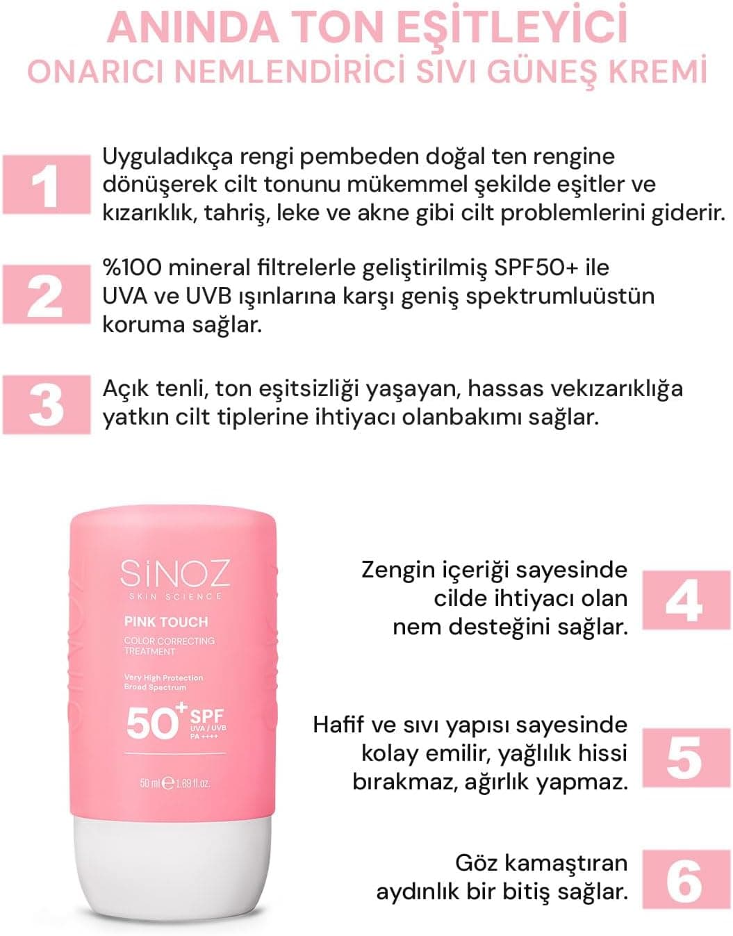کرم ضد آفتاب صورت Sinoz Pink Touch یکنواختکننده رنگ پوست SPF50+ PA++++ 50ml کرم ضد آفتاب صورت Sinoz Pink Touch یکنواختکننده رنگ پوست SPF50+ PA++++ 50ml