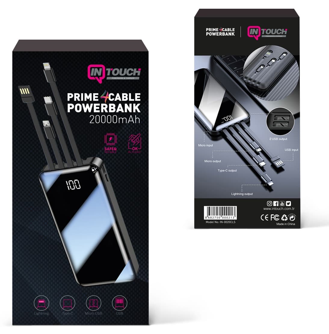 پاوربانک İntouch 20000mAh نمایشگر دیجیتال کابل چندگانه داخلی مدل Prime مشکی پاوربانک İntouch 20000mAh نمایشگر دیجیتال کابل چندگانه داخلی مدل Prime مشکی