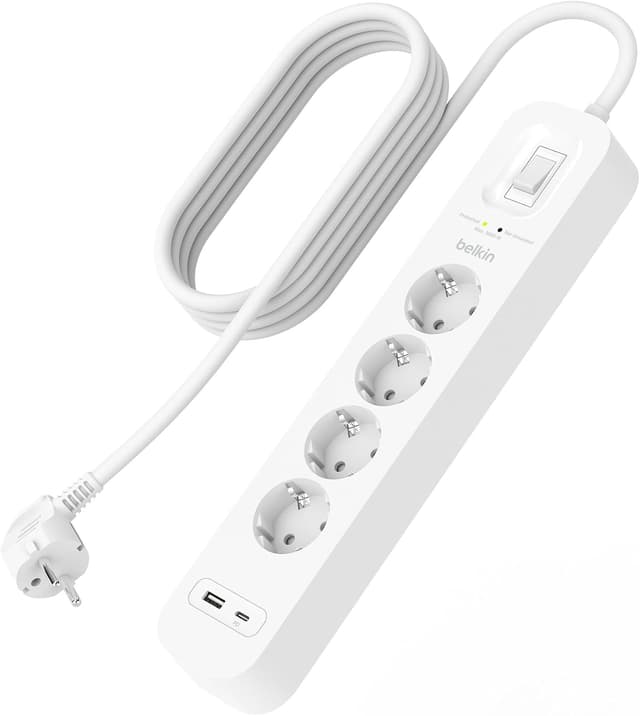چندراهی برق Belkin چهارپریز با محافظ ولتاژ، نصب دیواری، کابل 2 m، USB-C PD و USB-A، نشانگر سبز، محافظت 525 ژول چندراهی برق Belkin چهارپریز با محافظ ولتاژ، نصب دیواری، کابل 2 m، USB-C PD و USB-A، نشانگر سبز، محافظت 525 ژول