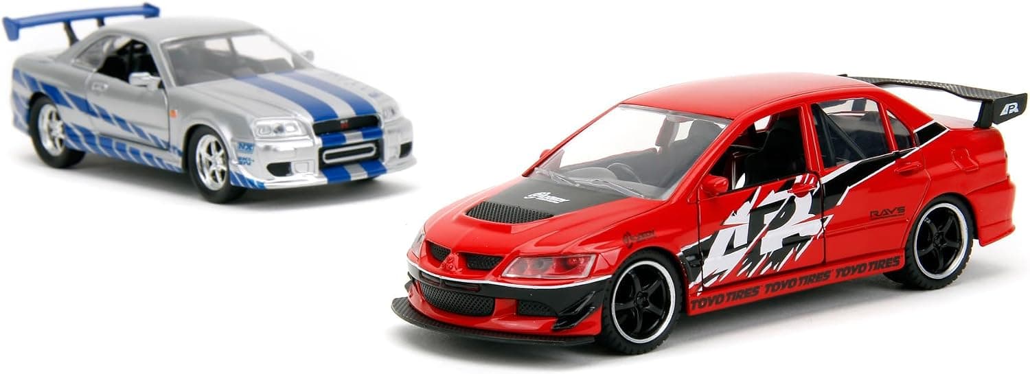 ست 2تایی ماشین مدل Jada Fast and Furious، Mitsubishi Lancer Evolution IX و Brian's Nissan Skyline GT-R (R34)، سری Legacy Series، درِ بازشو، مقیاس 1:32، 13 cm ست 2تایی ماشین مدل Jada Fast and Furious، Mitsubishi Lancer Evolution IX و Brian's Nissan Skyline GT-R (R34)، سری Legacy Series، درِ بازشو، مقیاس 1:32، 13 cm
