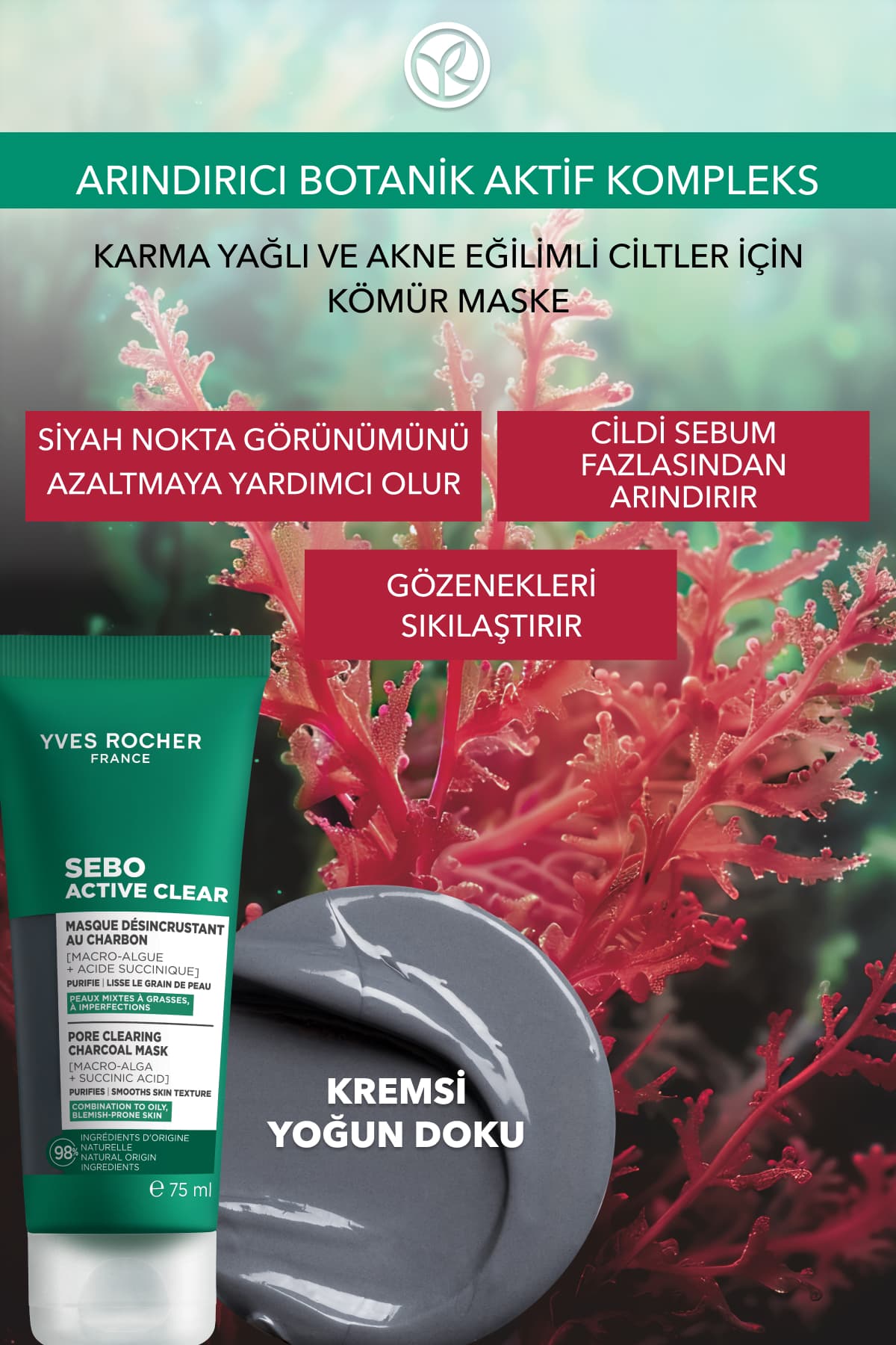 ماسک زغال پاککننده ضدجوش سرسیاه Yves Rocher با اسید سوکسینیک و کمپلکس گیاهی Sebo Active Clear 75ml ماسک زغال پاککننده ضدجوش سرسیاه Yves Rocher با اسید سوکسینیک و کمپلکس گیاهی Sebo Active Clear 75ml