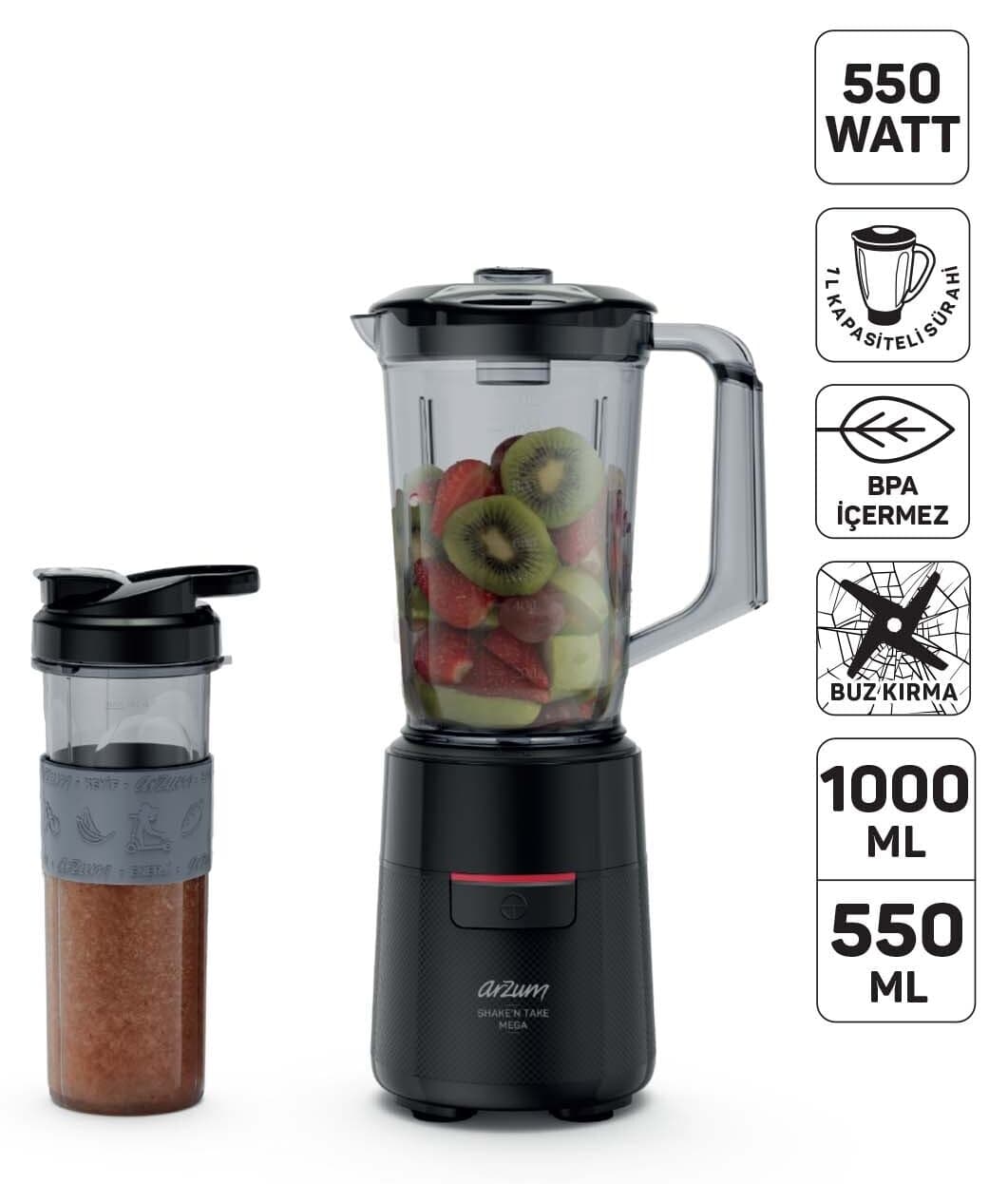 مخلوطکن پارچی Arzum مدل AR1193 مشکی 500 W با پارچ 1 L و بطری 550 ml مخلوطکن پارچی Arzum مدل AR1193 مشکی 500 W با پارچ 1 L و بطری 550 ml