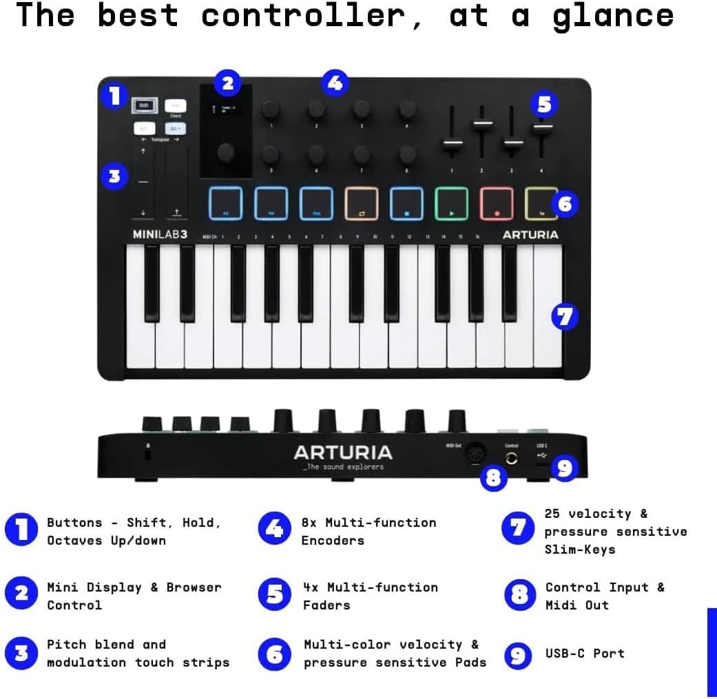 کنترلر MIDI Arturia مدل MiniLab 3 ۲۵ کلید ۸ پد چندرنگ مشکی کنترلر MIDI Arturia مدل MiniLab 3 ۲۵ کلید ۸ پد چندرنگ مشکی