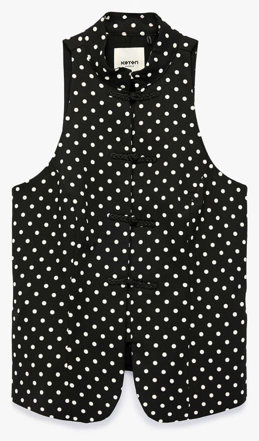 جلیقه زنانه Koton بدون آستین با دکمههای تزئینی خالدار یقه Mandarin Qipao جلیقه زنانه Koton بدون آستین با دکمههای تزئینی خالدار یقه Mandarin Qipao