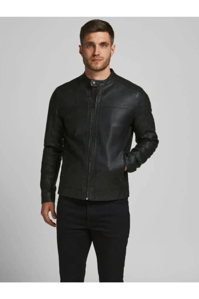 ژاکت چرمی مردانه Jack & Jones مشکی مدل Jjewarner 12182461 ژاکت چرمی مردانه Jack & Jones مشکی مدل Jjewarner 12182461