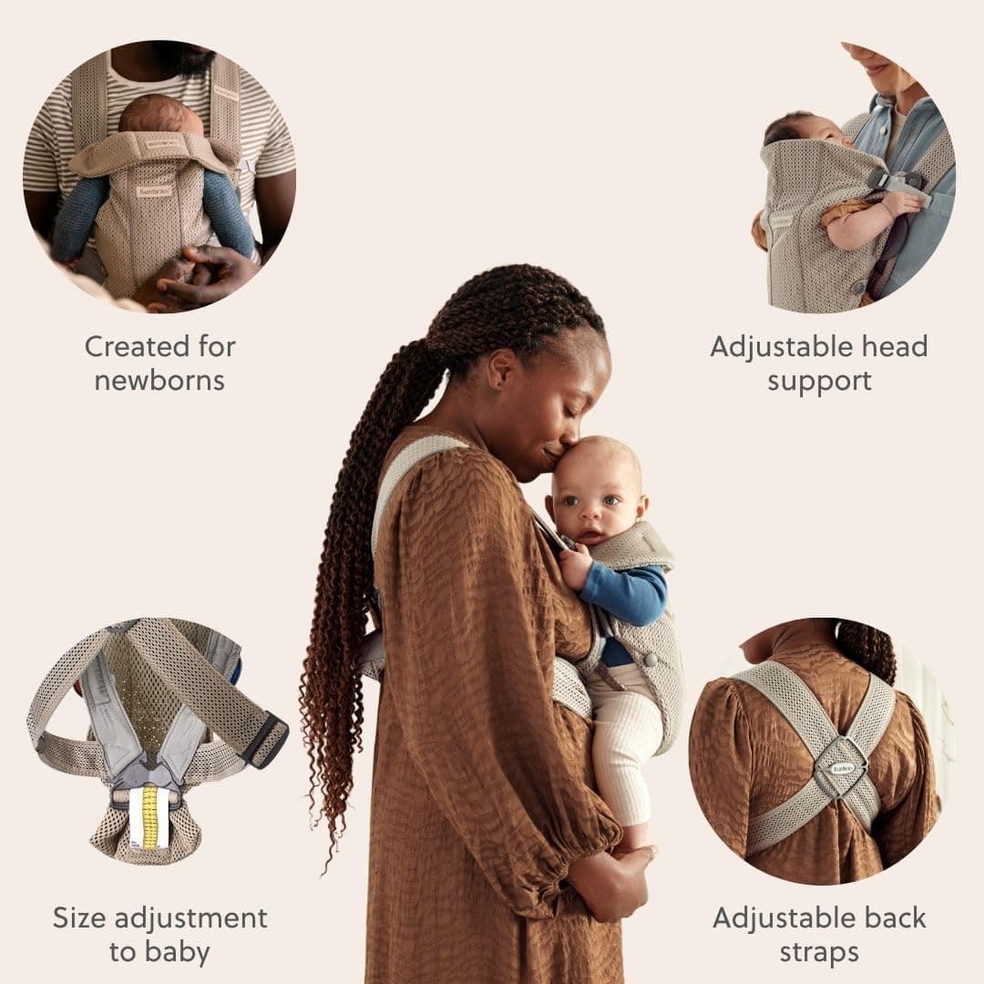 بند حمل نوزاد BabyBjörn مدل Mini با مش سه بعدی خاکستری بژ بند حمل نوزاد BabyBjörn مدل Mini با مش سه بعدی خاکستری بژ