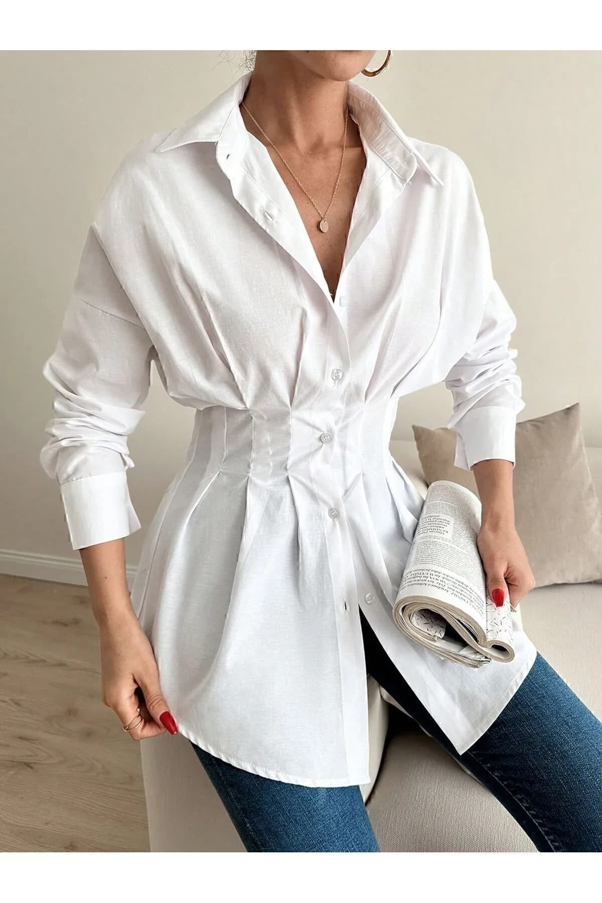 تونیک زنانه EMMAS CLOTHİNG سفید کمر فیت چیندار تونیک زنانه EMMAS CLOTHİNG سفید کمر فیت چیندار