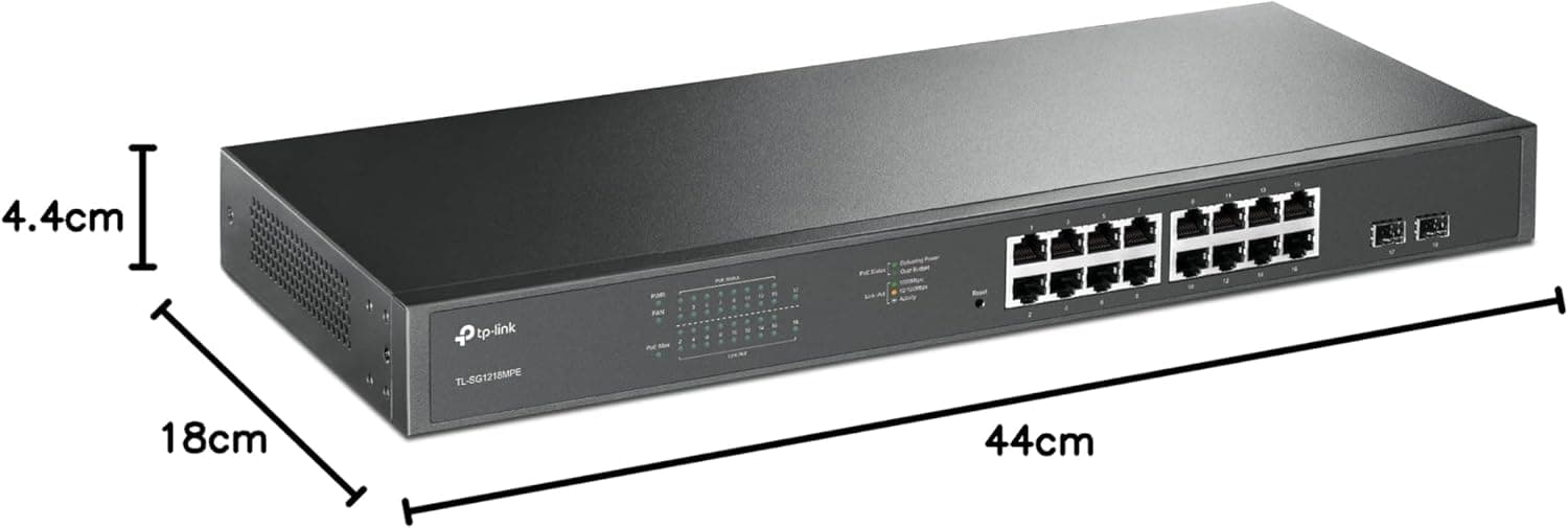سوئیچ شبکه TP-Link با 16 پورت PoE+، 2 پورت RJ45 گیگابیتی و 2 اسلات Combo Gigabit SFP، 250 W، رکمونت مدل TL-SG1218MPE سوئیچ شبکه TP-Link با 16 پورت PoE+، 2 پورت RJ45 گیگابیتی و 2 اسلات Combo Gigabit SFP، 250 W، رکمونت مدل TL-SG1218MPE