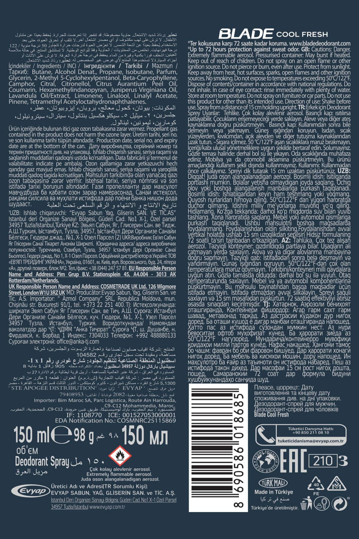 اسپری بدن دئودورانت مردانه بدون آلومینیوم Blade خشکشونده سریع و بدون لکه 6x150ml اسپری بدن دئودورانت مردانه بدون آلومینیوم Blade خشکشونده سریع و بدون لکه 6x150ml