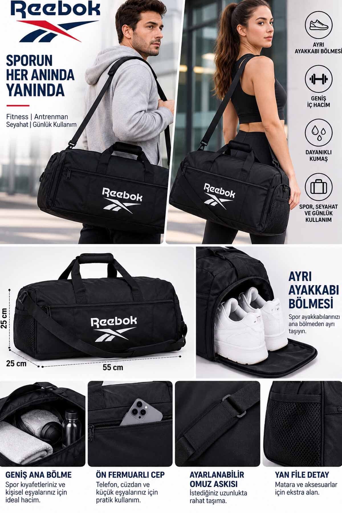 کیف ورزشی یونیسکس Reebok مشکی با بخش کفش و بند دوشی 55X25X25CM کیف ورزشی یونیسکس Reebok مشکی با بخش کفش و بند دوشی 55X25X25CM