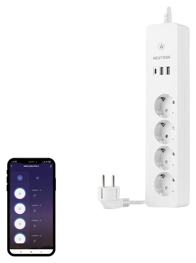 چندراهی برق هوشمند 16a چهارخانه Neutron با Wi‑Fi، محافظ جریان، قفل کودک و USB Type-C چندراهی برق هوشمند 16a چهارخانه Neutron با Wi‑Fi، محافظ جریان، قفل کودک و USB Type-C