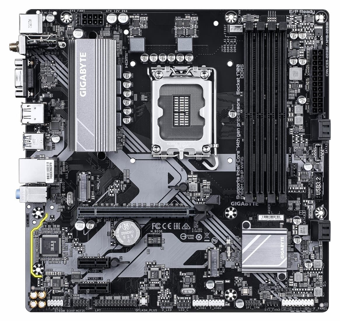 مادربرد Gigabyte B760M D3HP WiFi6 DDR5 (5600MHz) OC M.2 VGA/HDMI/DP PCIe 4.0 1700P mATX مادربرد Gigabyte B760M D3HP WiFi6 DDR5 (5600MHz) OC M.2 VGA/HDMI/DP PCIe 4.0 1700P mATX