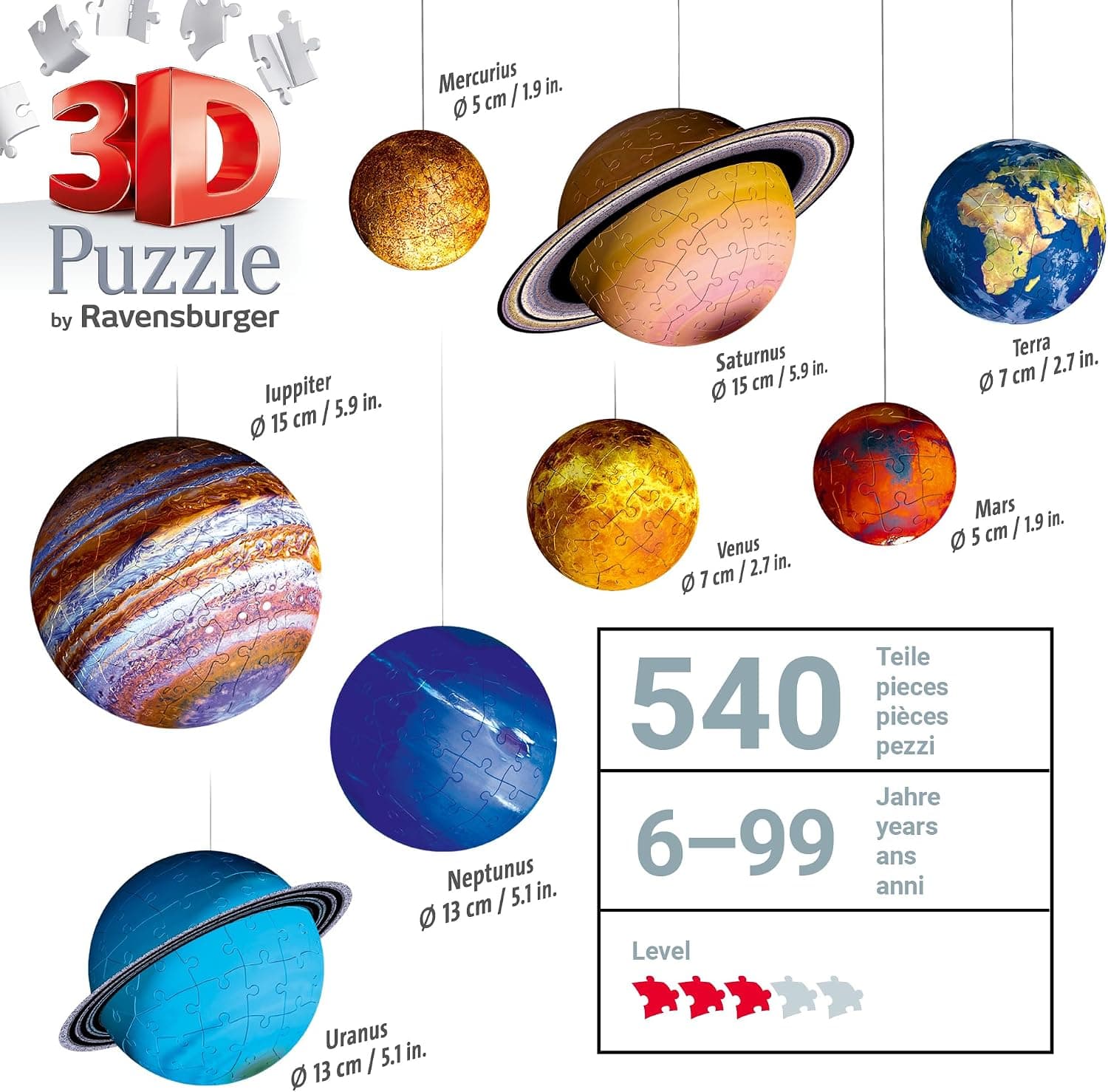پازل سهبعدی منظومه شمسی کودکان Ravensburger با 540 قطعه، 8 سیاره مقیاسدار، پایه، آویز خورشید و پوستر مدل 11668‑3 پازل سهبعدی منظومه شمسی کودکان Ravensburger با 540 قطعه، 8 سیاره مقیاسدار، پایه، آویز خورشید و پوستر مدل 11668‑3