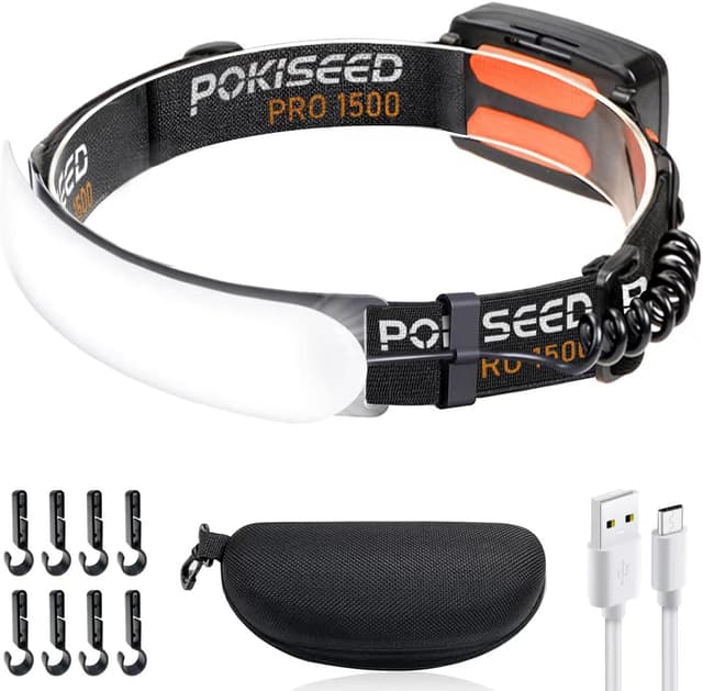 چراغ پیشانی شارژی POKISEED با نور 1500 لومن، پرتو 230°، 3 حالت، IPX6، چراغ عقب و گیره چراغ پیشانی شارژی POKISEED با نور 1500 لومن، پرتو 230°، 3 حالت، IPX6، چراغ عقب و گیره